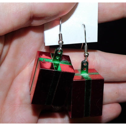 Red And Green Christmas Present Metallic Dangle Earrings