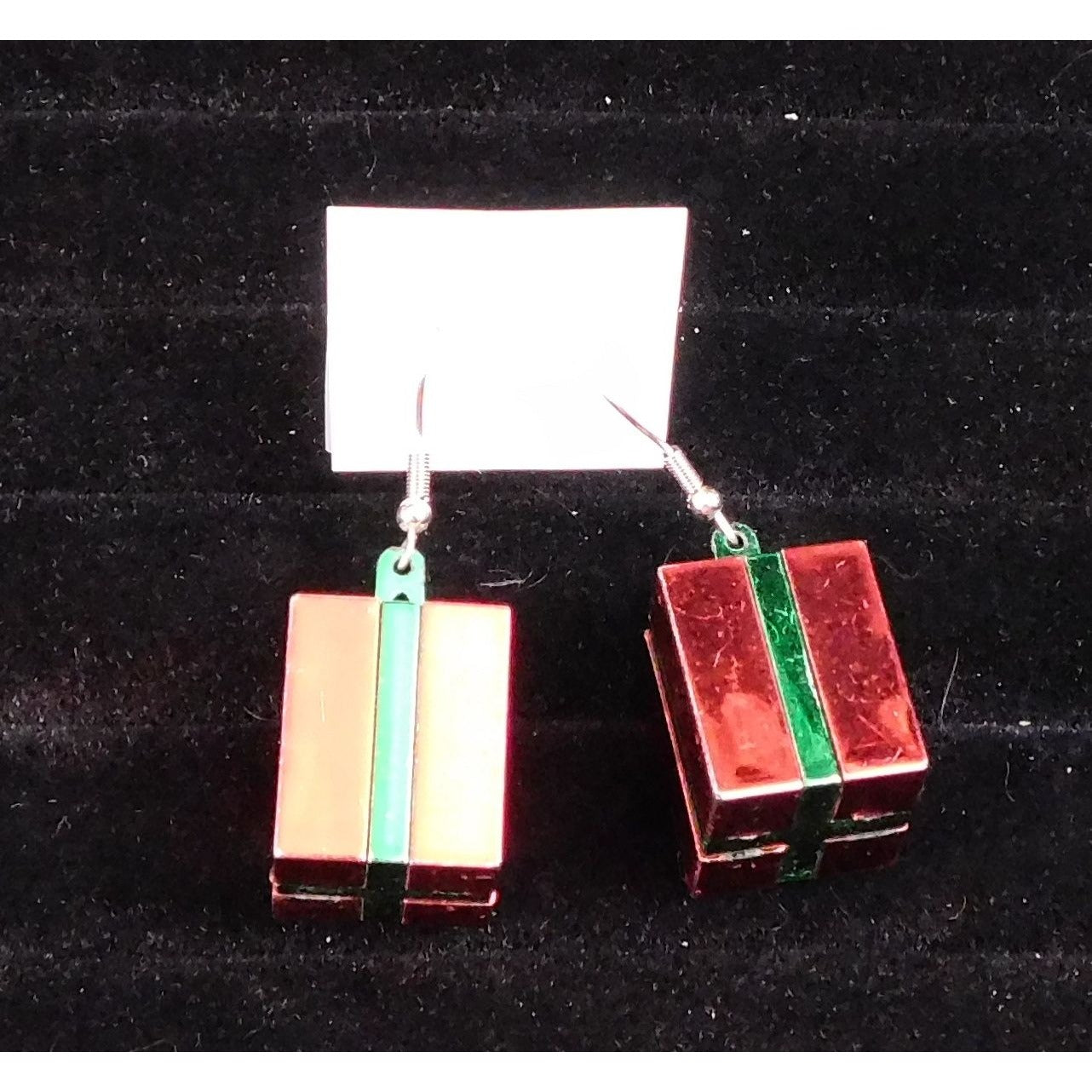 Red And Green Christmas Present Metallic Dangle Earrings