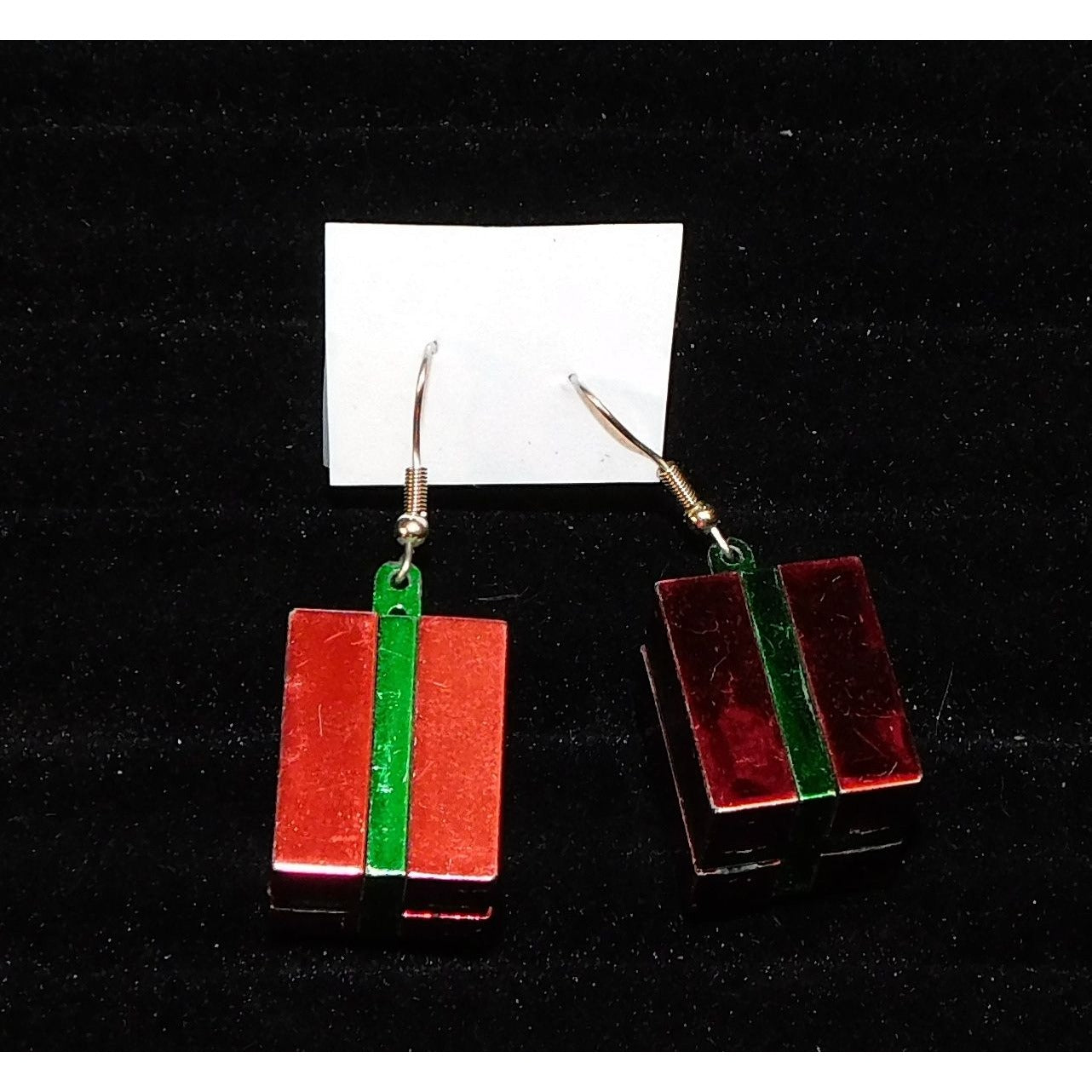 Red And Green Christmas Present Metallic Dangle Earrings
