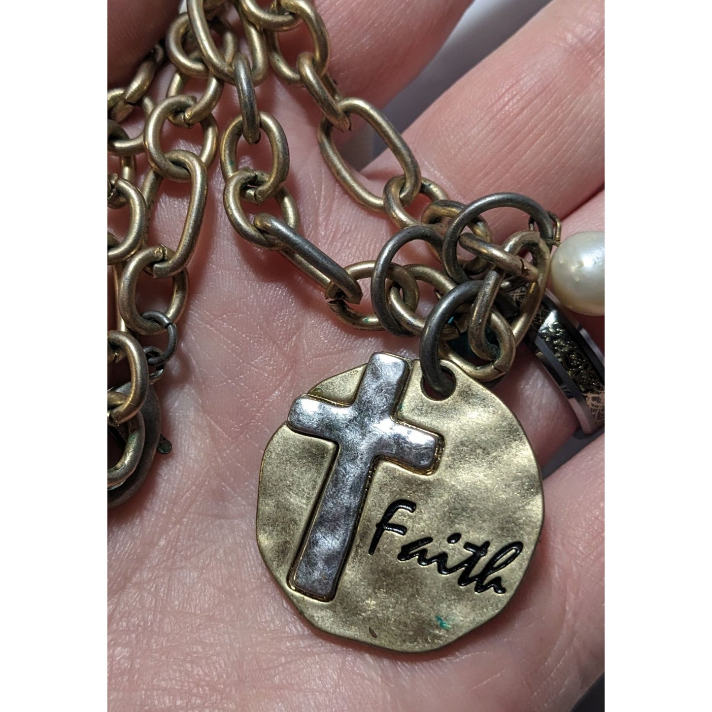 Rustic Hammered Metallic Faith Cross Medallion Necklace