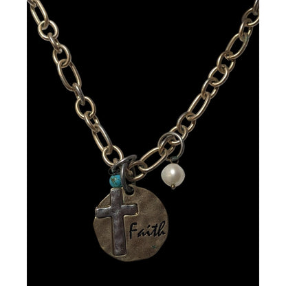 Rustic Hammered Metallic Faith Cross Medallion Necklace