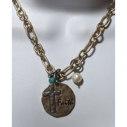 Rustic Hammered Metallic Faith Cross Medallion Necklace