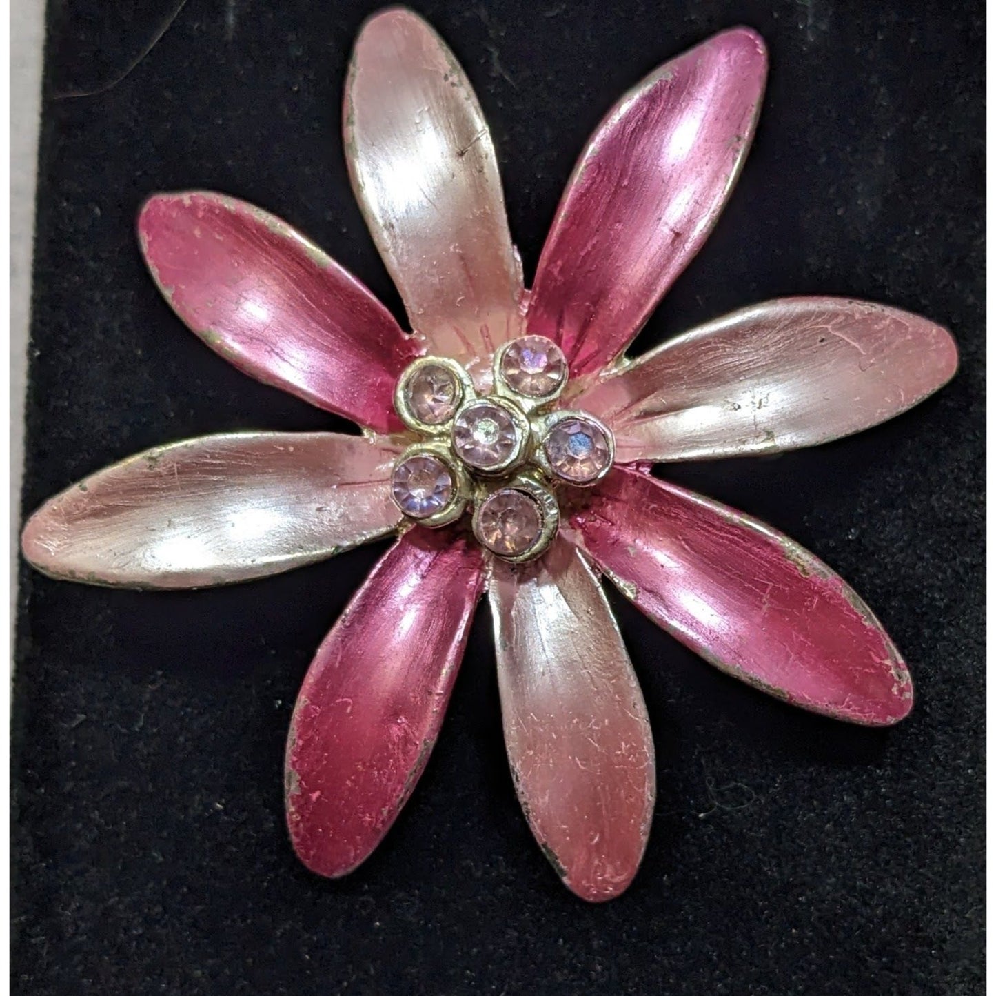 Vintage Metallic Pink Floral Rhinestone Brooch