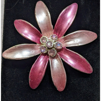 Vintage Metallic Pink Floral Rhinestone Brooch