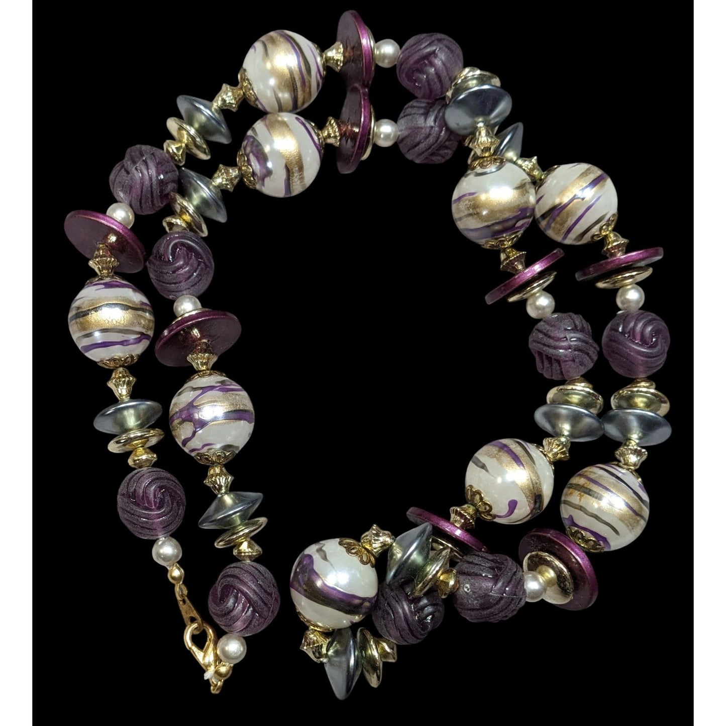 Vintage Whimsical Beaded Purple White And Gold Tone Necklace