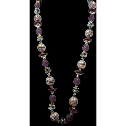 Vintage Whimsical Beaded Purple White And Gold Tone Necklace
