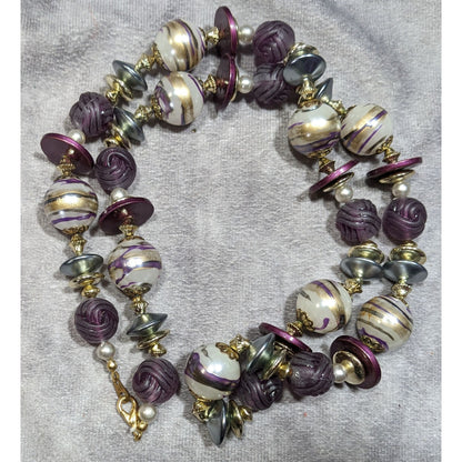 Vintage Whimsical Beaded Purple White And Gold Tone Necklace