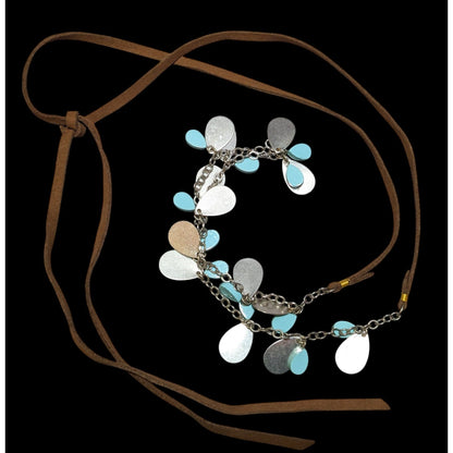 Anthropologie Suede Back Turquoise And Silver Tone Turquoise Charm Fringe Tie On Necklace