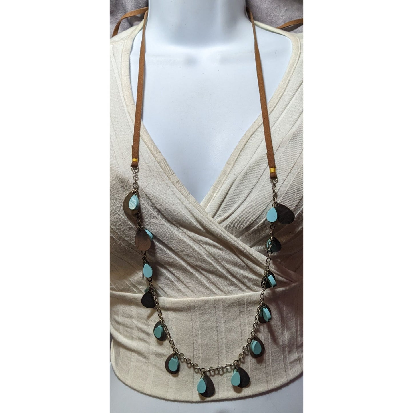 Anthropologie Suede Back Turquoise And Silver Tone Turquoise Charm Fringe Tie On Necklace