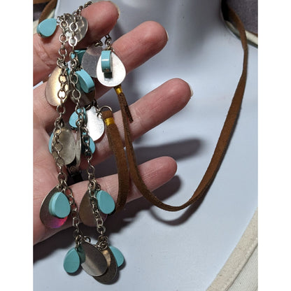 Anthropologie Suede Back Turquoise And Silver Tone Turquoise Charm Fringe Tie On Necklace