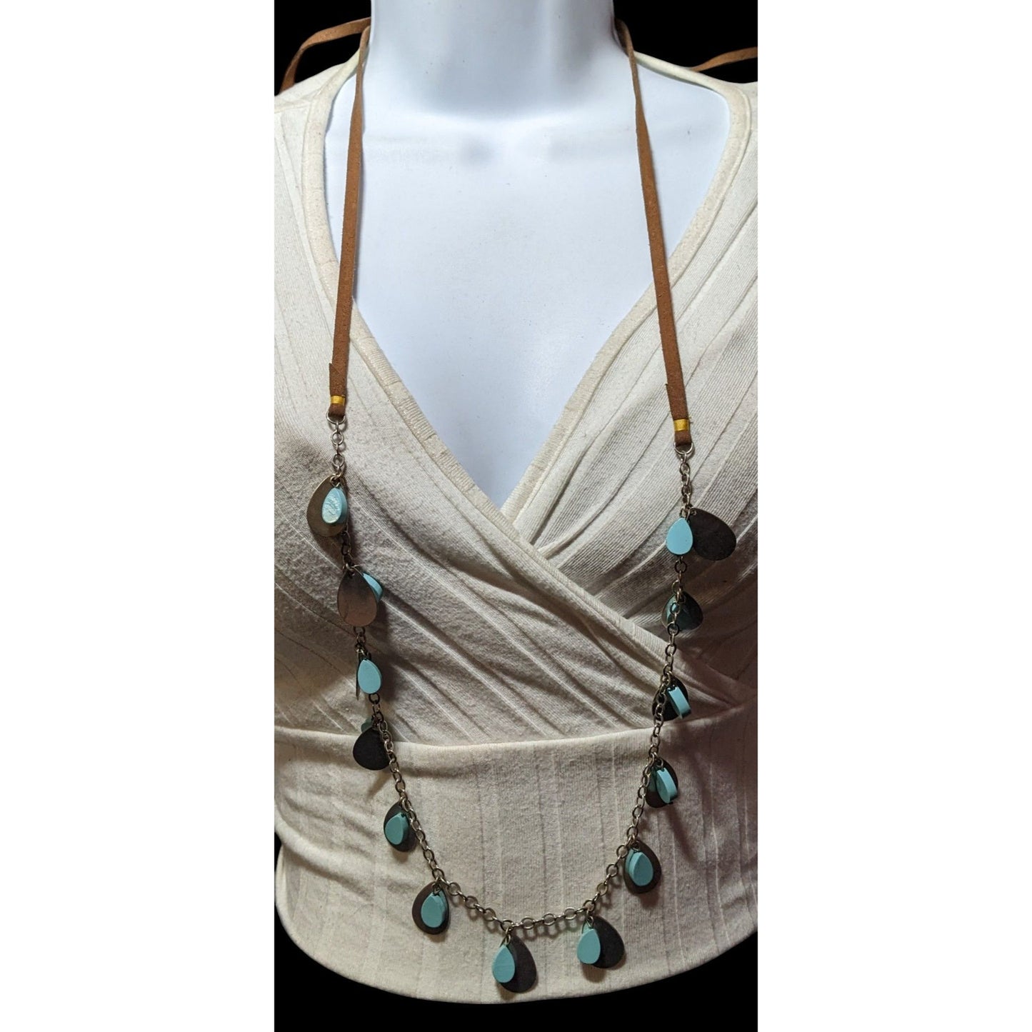 Anthropologie Suede Back Turquoise And Silver Tone Turquoise Charm Fringe Tie On Necklace