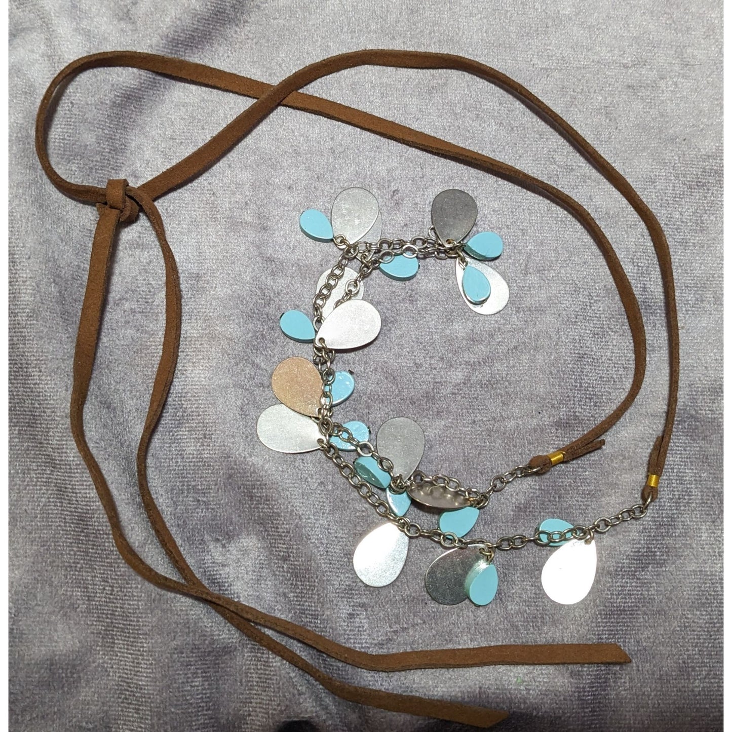 Anthropologie Suede Back Turquoise And Silver Tone Turquoise Charm Fringe Tie On Necklace