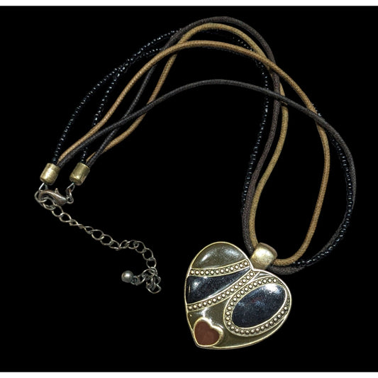 Retro Heart Pendant Necklace Brown Black And Gold Tones