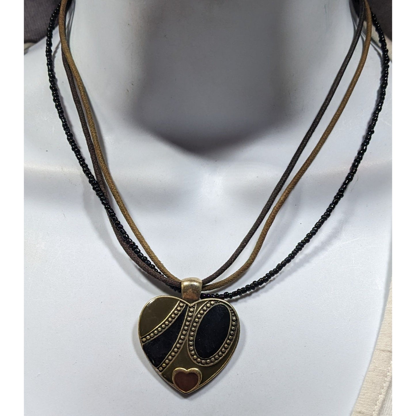 Retro Heart Pendant Necklace Brown Black And Gold Tones