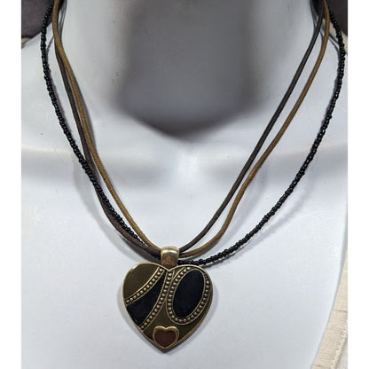 Retro Heart Pendant Necklace Brown Black And Gold Tones