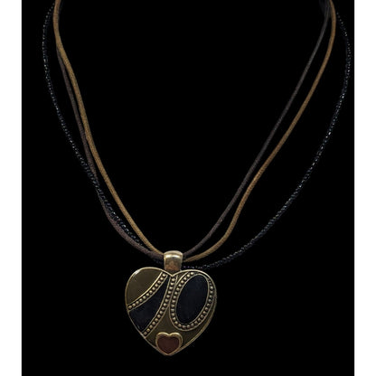 Retro Heart Pendant Necklace Brown Black And Gold Tones