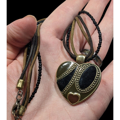 Retro Heart Pendant Necklace Brown Black And Gold Tones