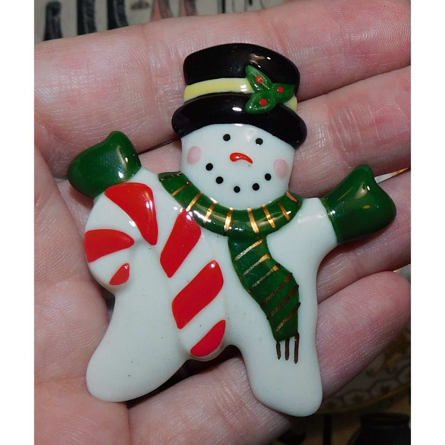 Vintage Ceramic Snowman With Candycane Brooch