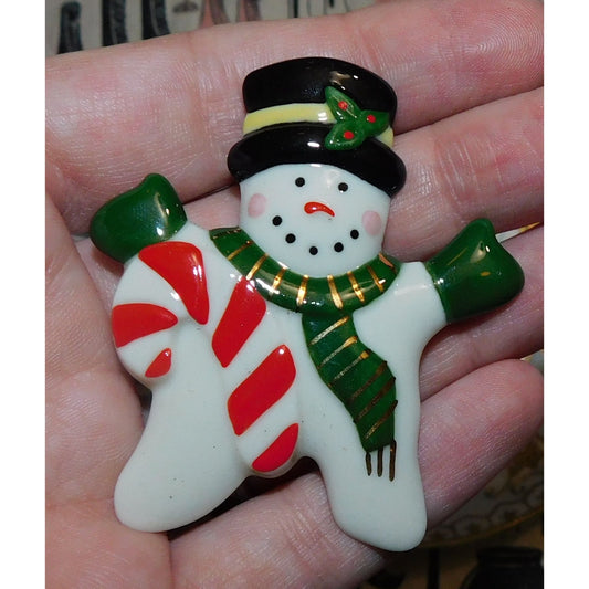 Vintage Ceramic Snowman With Candycane Brooch