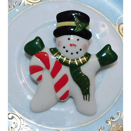 Vintage Ceramic Snowman With Candycane Brooch