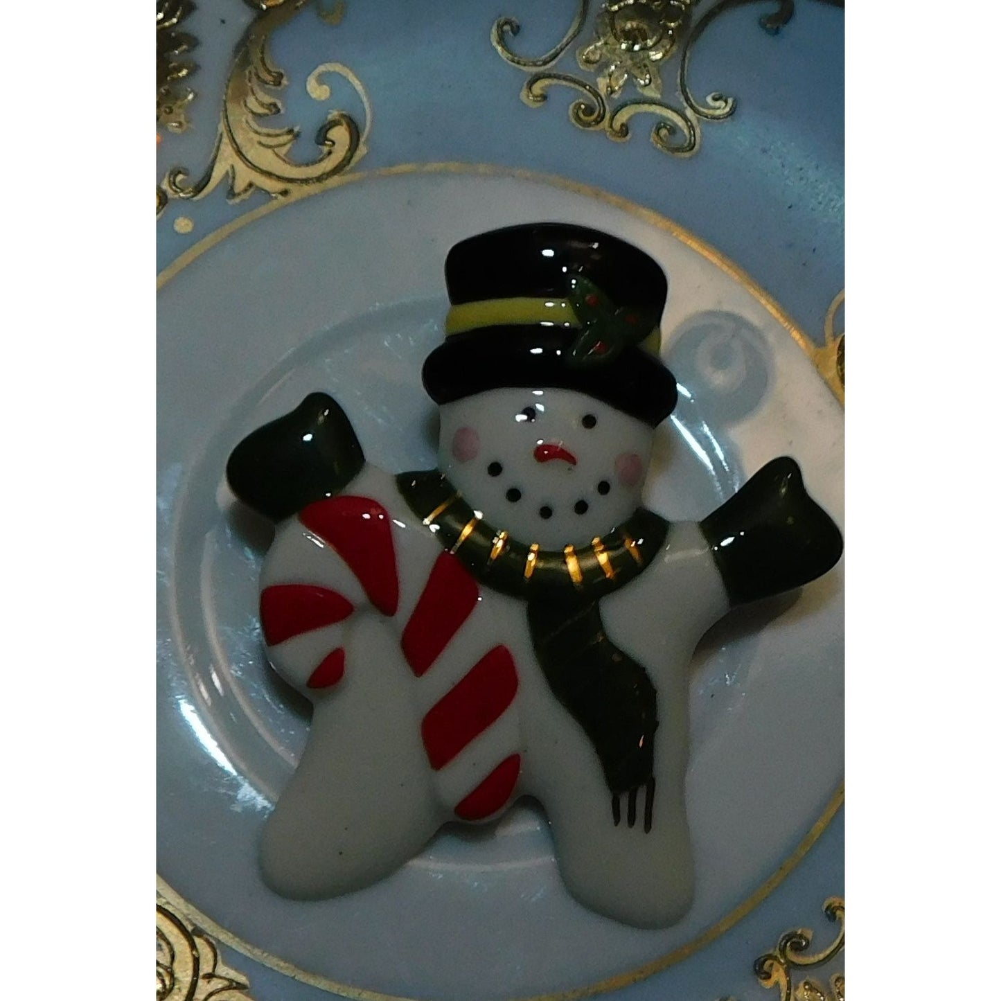 Vintage Ceramic Snowman With Candycane Brooch