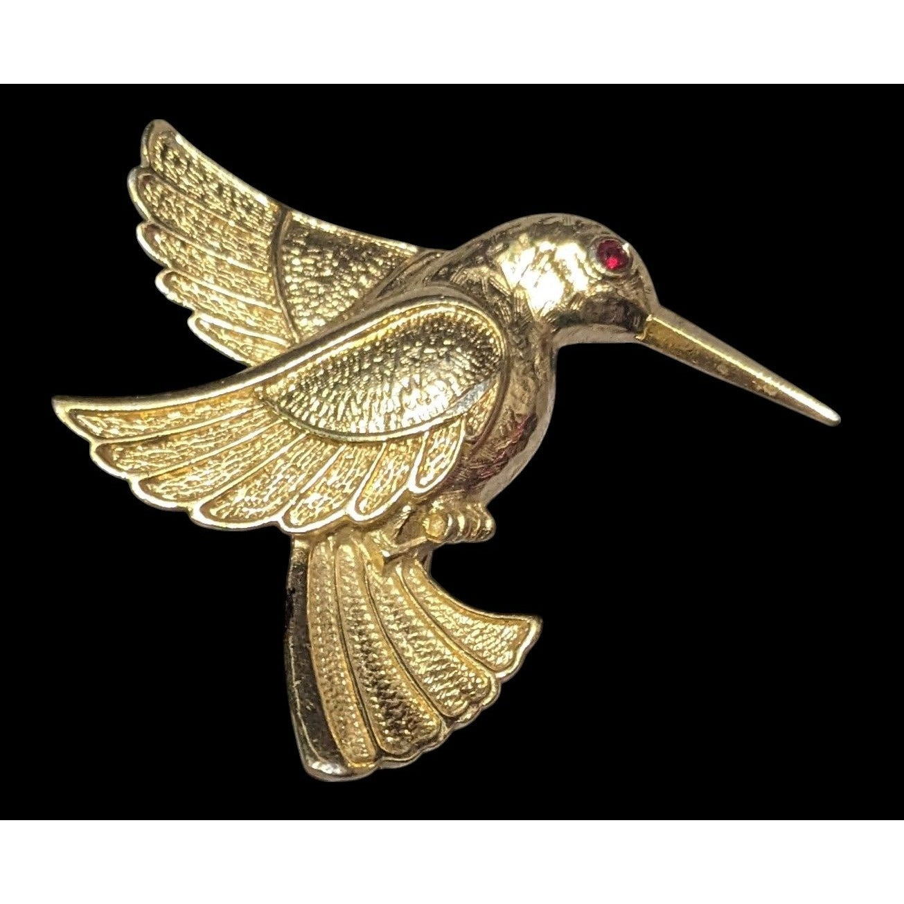 Vintage Humming Bird Gold Tone Brooch With Red Gem Eye