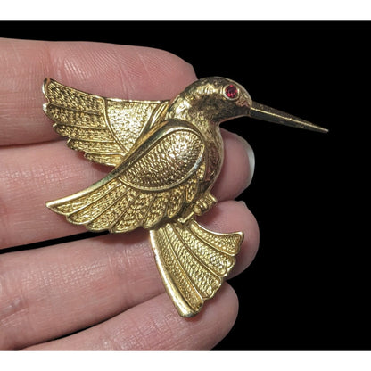 Vintage Humming Bird Gold Tone Brooch With Red Gem Eye