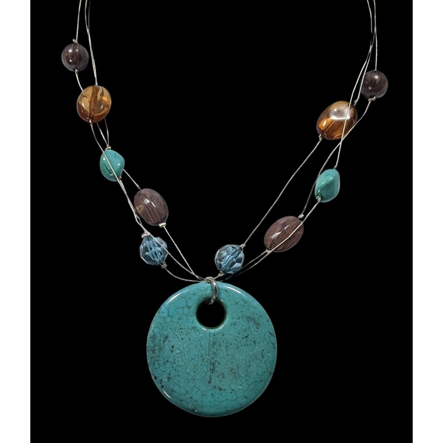 Bohemian Blue And Brown Beaded Pendant Necklace