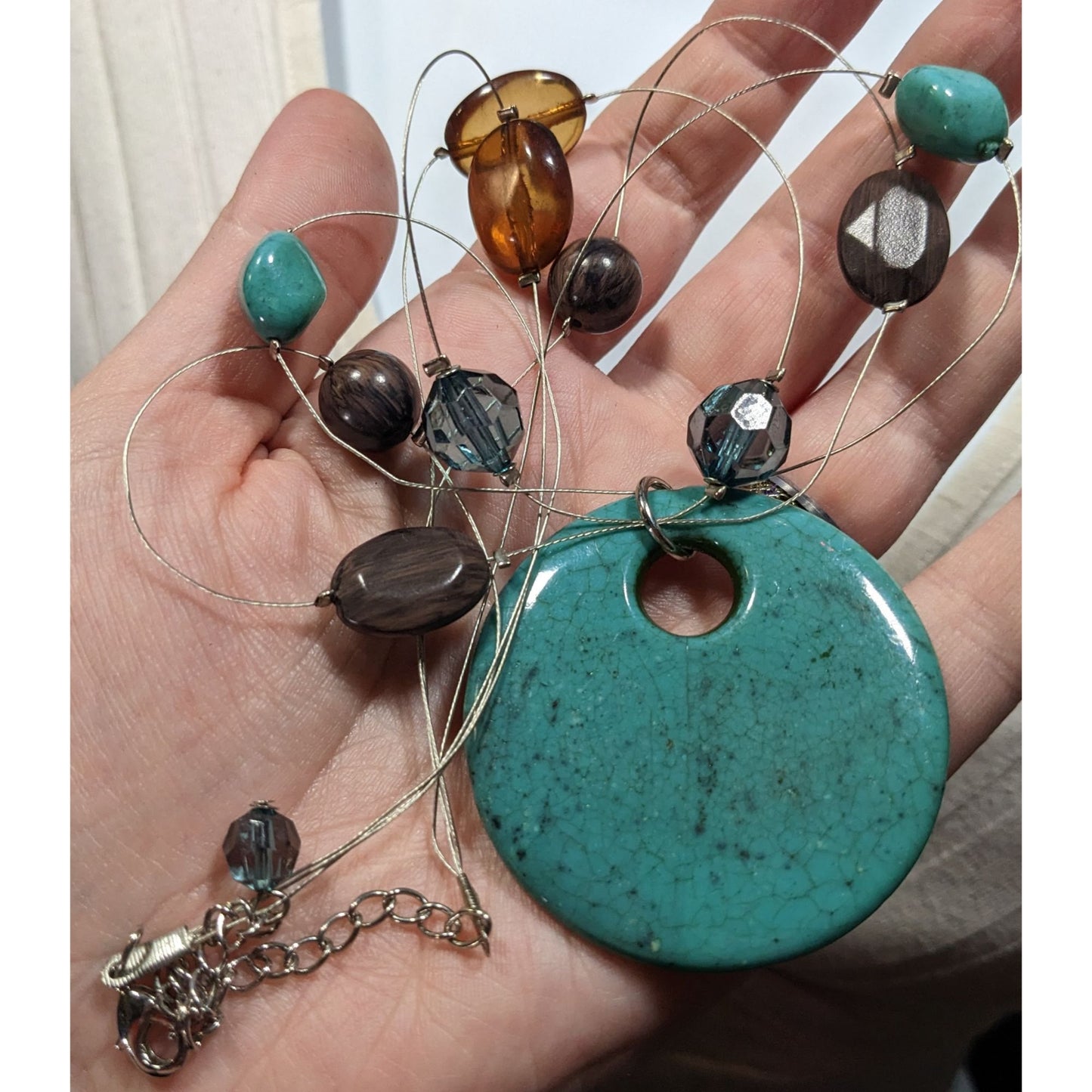 Bohemian Blue And Brown Beaded Pendant Necklace