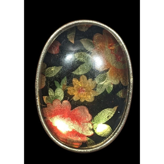 Vintage Cottagecore Metallic Floral Oversized Oval Ring Size 7