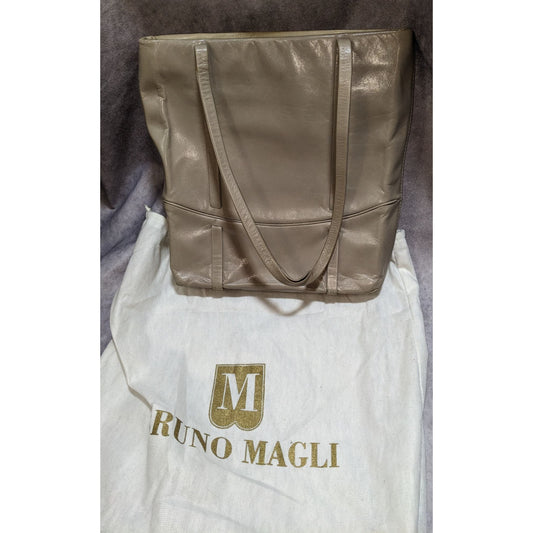 Bruno Magli Leather Tote Bag With Dust Bag Two-Tone Beige & Taupe