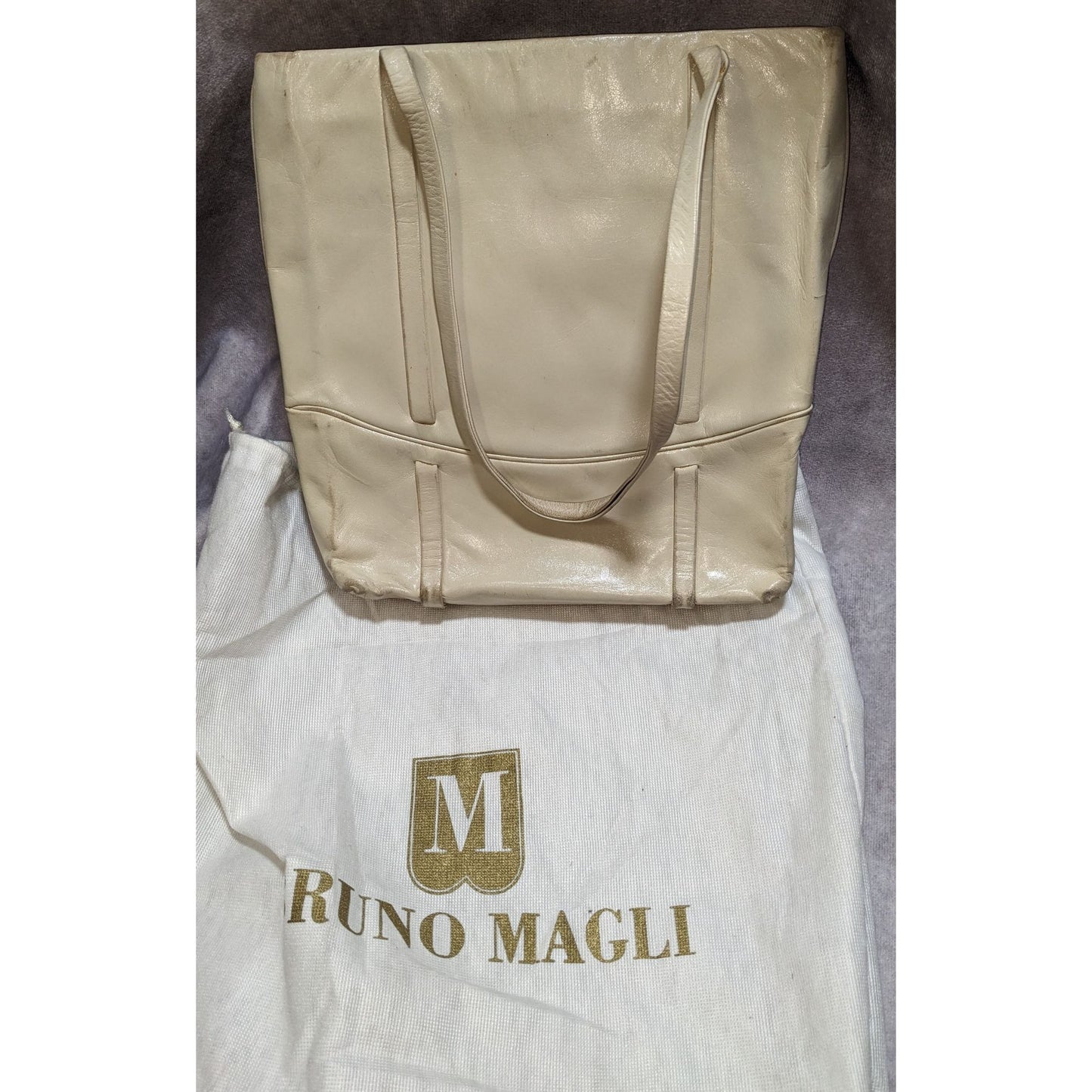 Bruno Magli Leather Tote Bag With Dust Bag Two-Tone Beige & Taupe