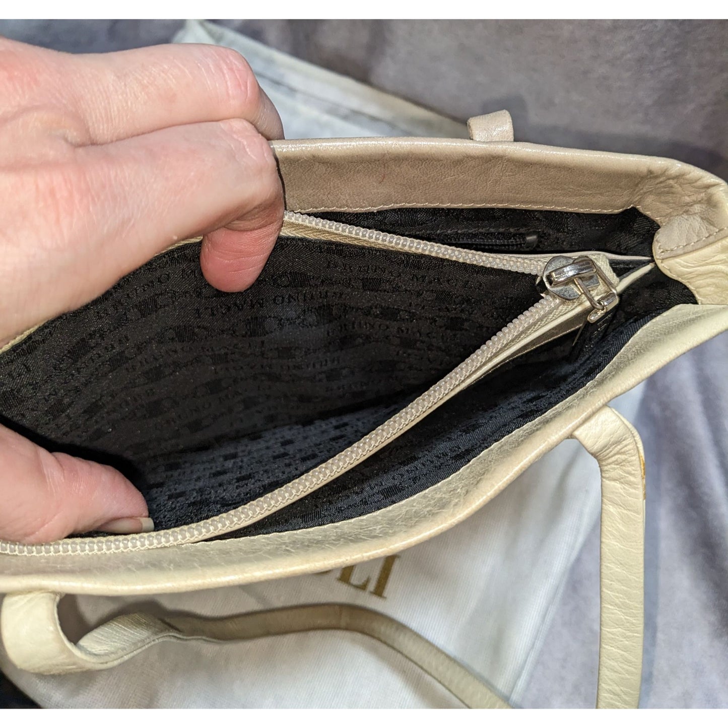 Bruno Magli Leather Tote Bag With Dust Bag Two-Tone Beige & Taupe
