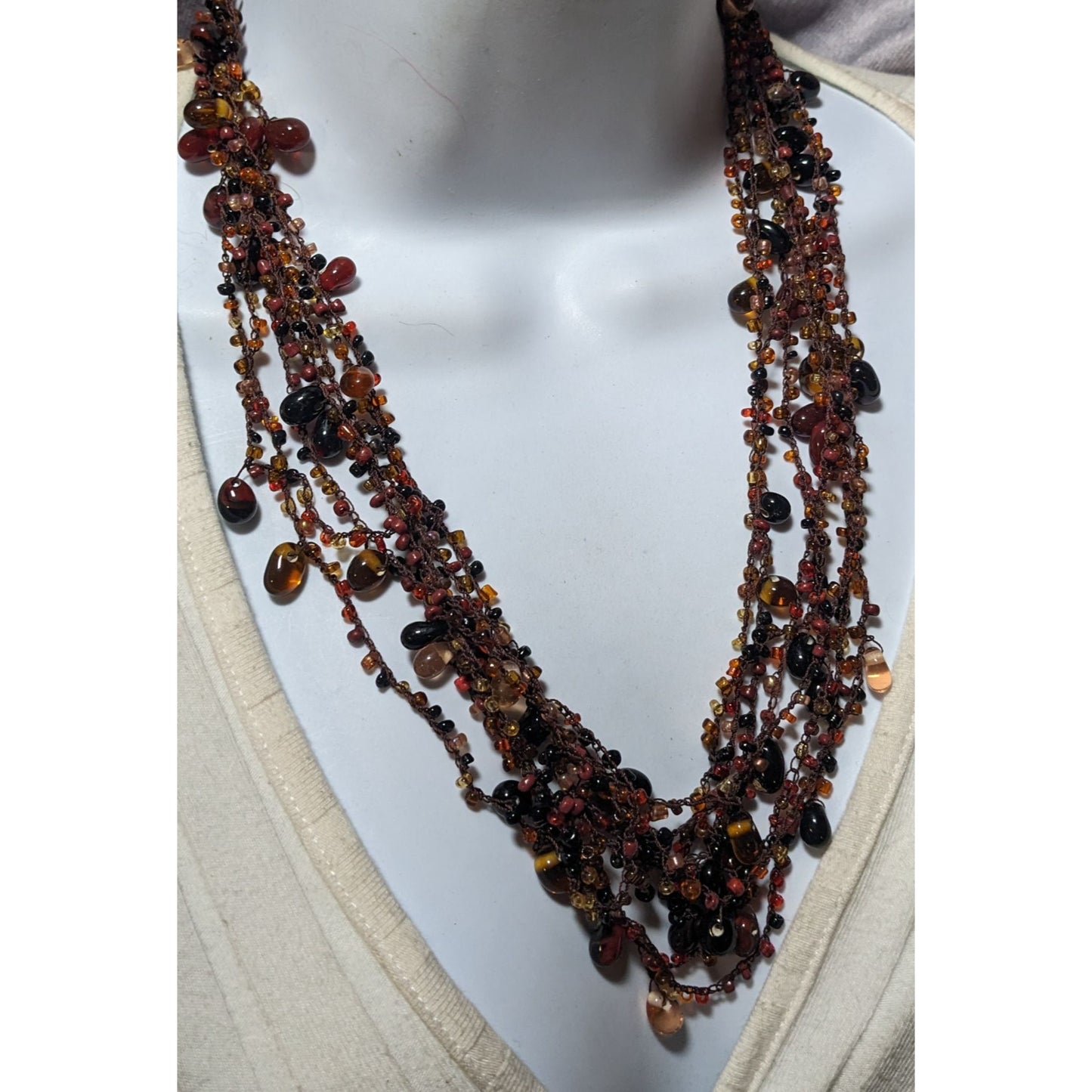 Vintage Multistrand Earth Tone Brown Glass Beaded Necklace