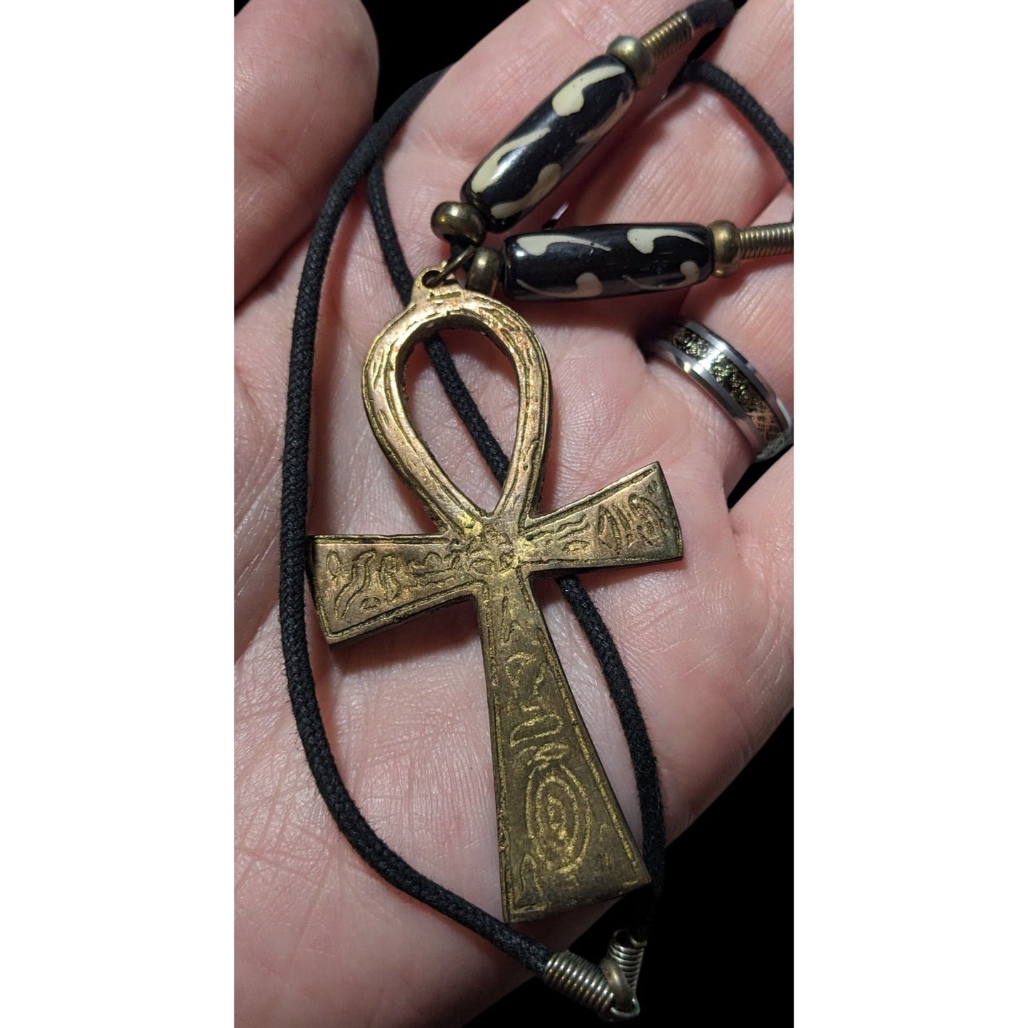 Vintage Engraved Gold Tone Ankh Pendant Necklace