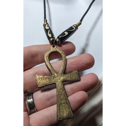 Vintage Engraved Gold Tone Ankh Pendant Necklace