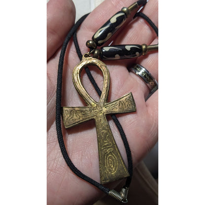 Vintage Engraved Gold Tone Ankh Pendant Necklace