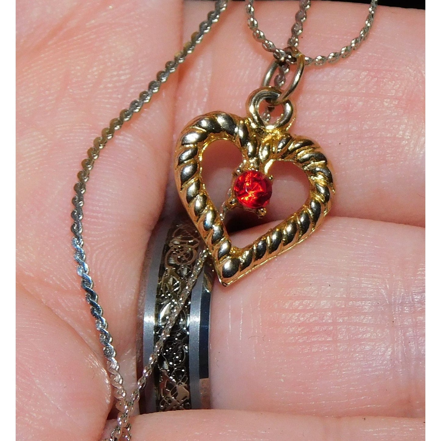 Romantic Gold Open Heart Pendant Necklace With Red Rhinestone Accent