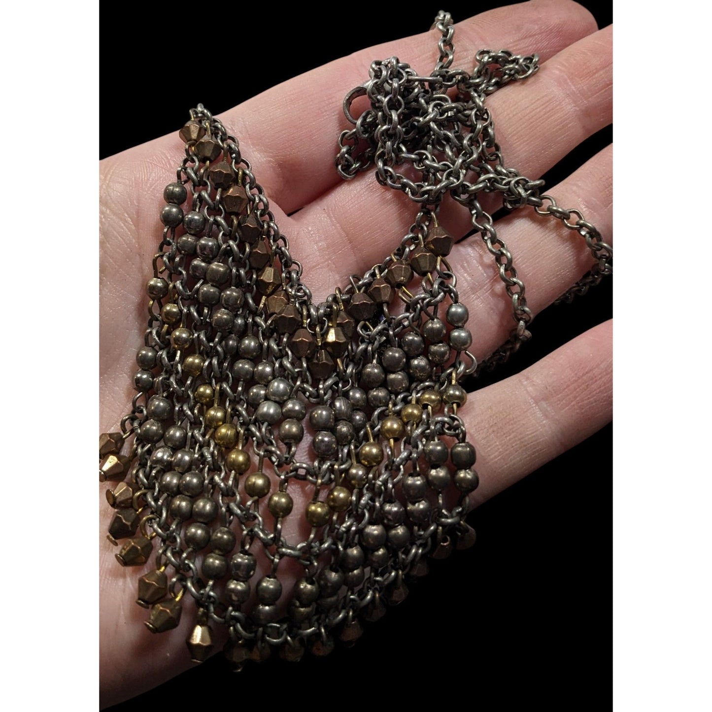 Bohemian Metallic Beaded Fringe Pendant Necklace