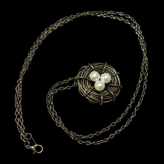 Gold Tone Wire Wrap Faux Pearl Bird Nest Necklace