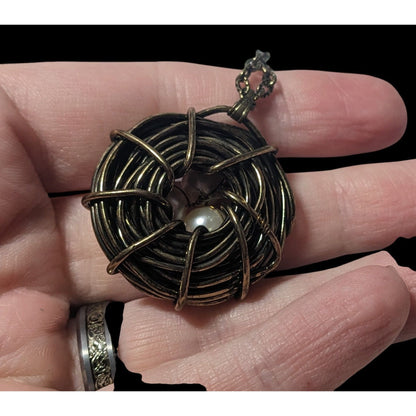 Gold Tone Wire Wrap Faux Pearl Bird Nest Necklace