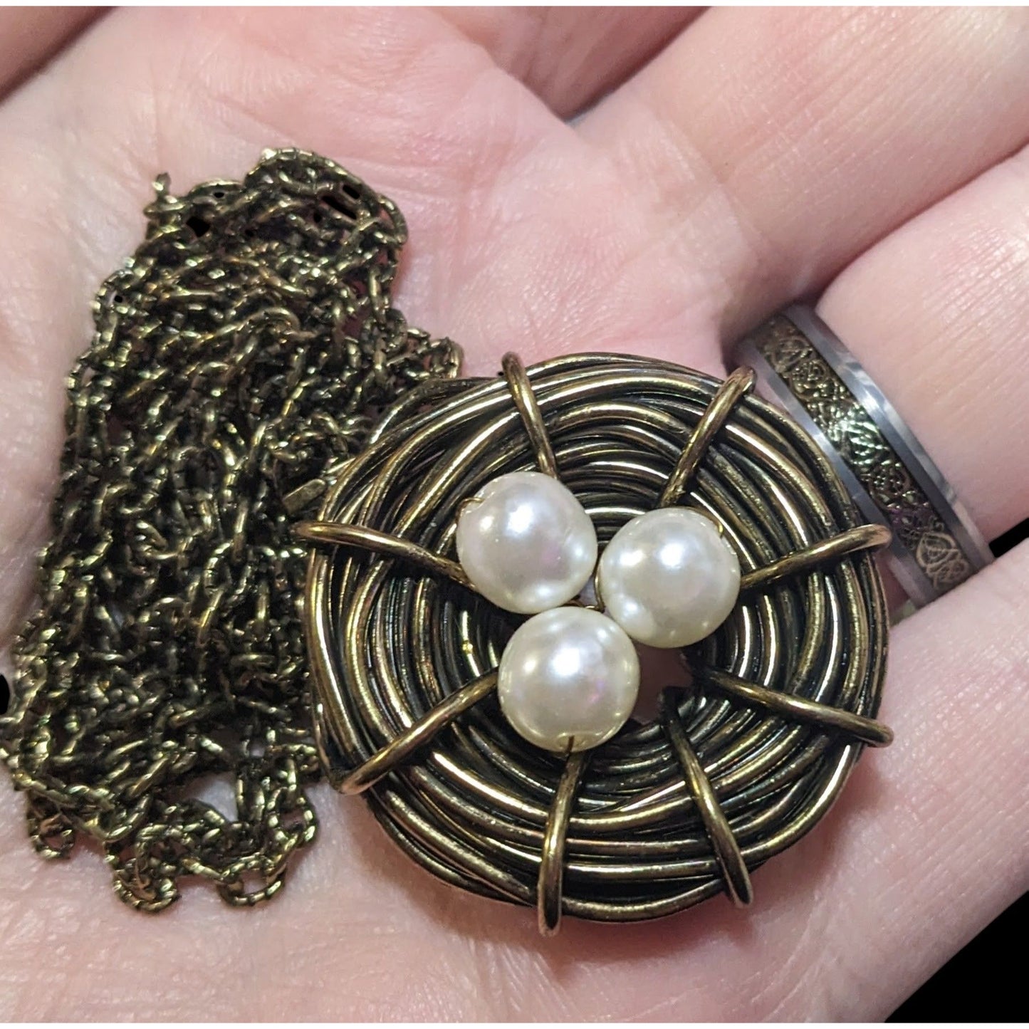 Gold Tone Wire Wrap Faux Pearl Bird Nest Necklace