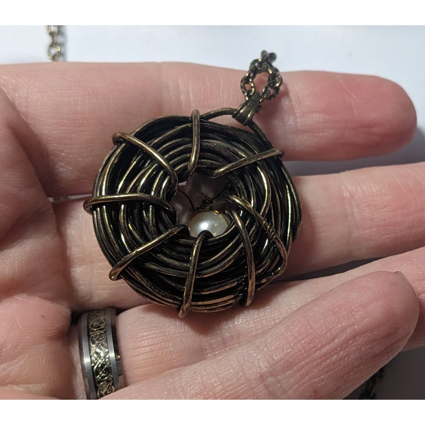 Gold Tone Wire Wrap Faux Pearl Bird Nest Necklace