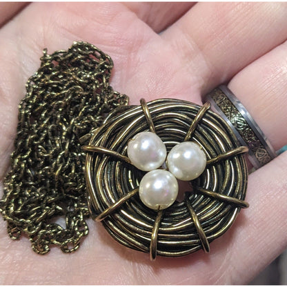 Gold Tone Wire Wrap Faux Pearl Bird Nest Necklace