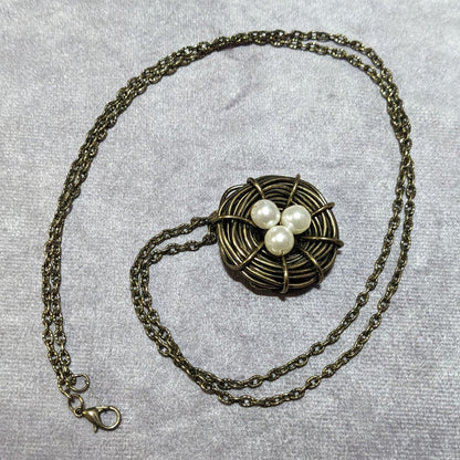 Gold Tone Wire Wrap Faux Pearl Bird Nest Necklace