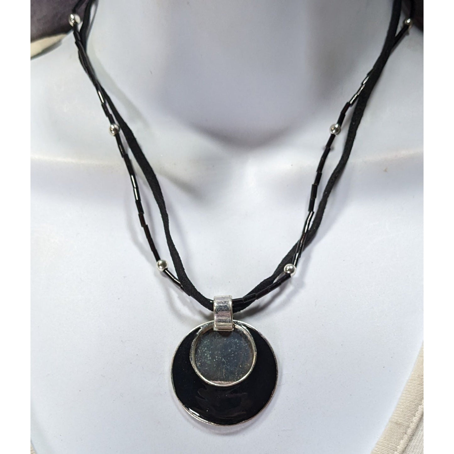 Gothic Mod Black & Silver Layered Pendant Necklace With Adjustable Chain