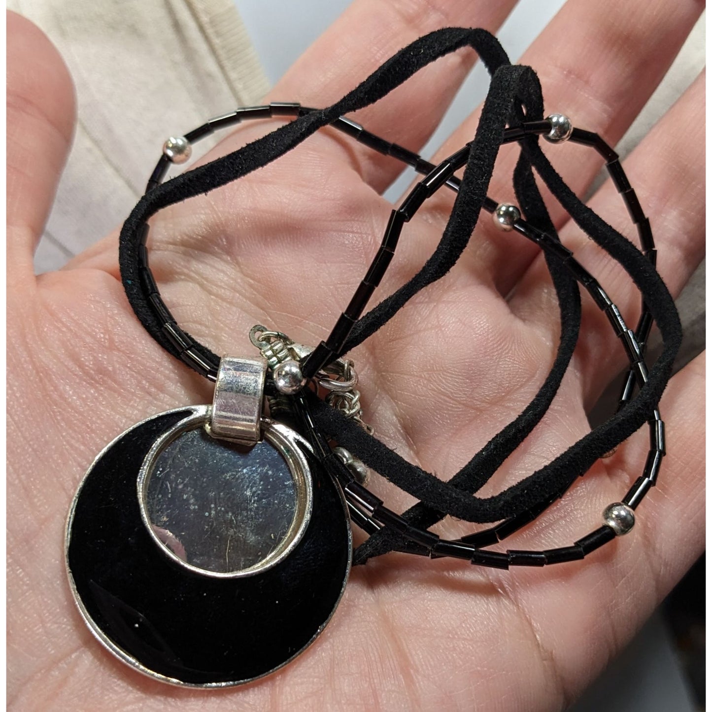 Gothic Mod Black & Silver Layered Pendant Necklace With Adjustable Chain