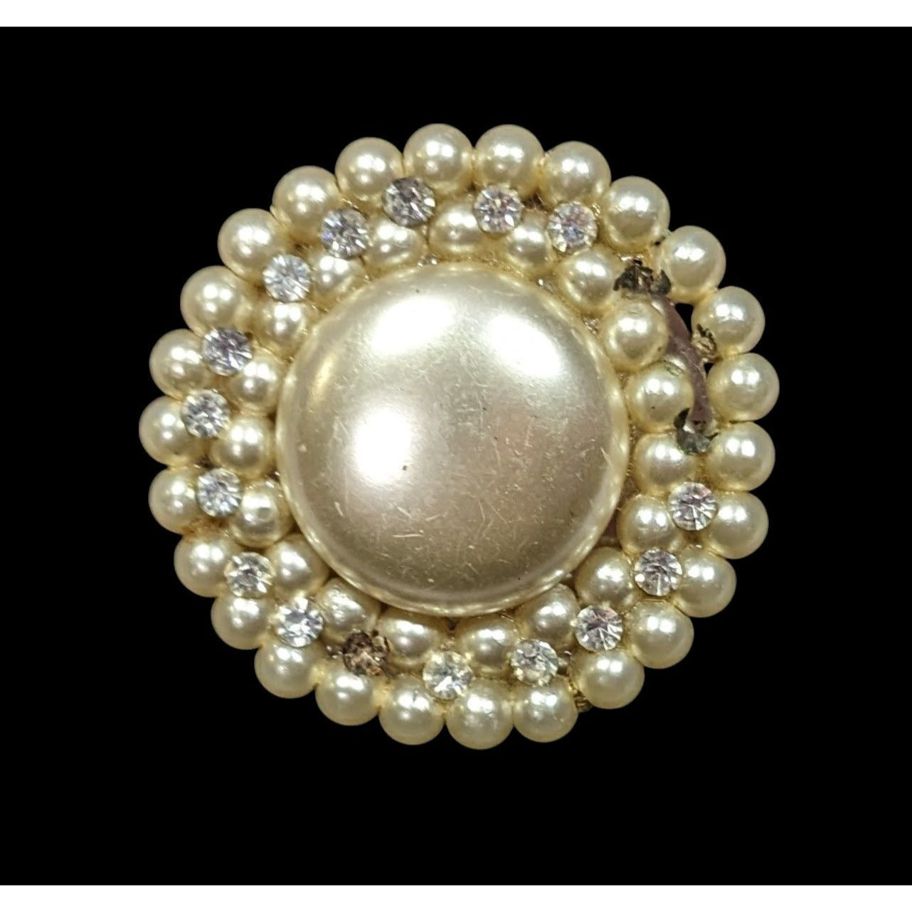Vintage Faux Pearl Button Brooch With Faux Pearl Accents