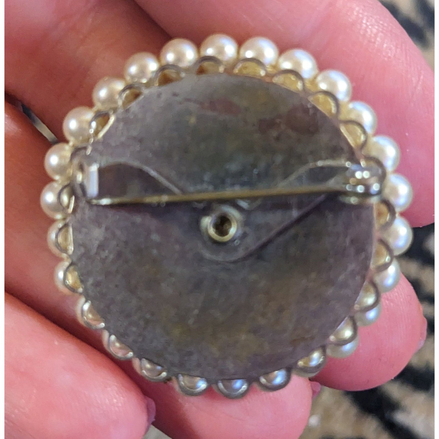 Vintage Faux Pearl Button Brooch With Faux Pearl Accents
