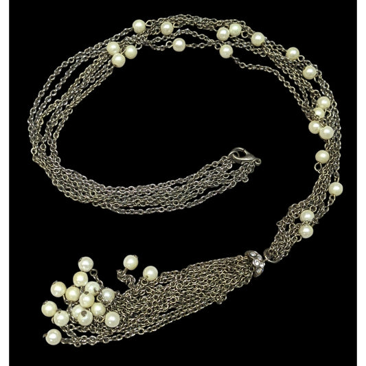 Vintage Multistrand Faux Pearl Chain Tassel Necklace With Rhinestone Accents